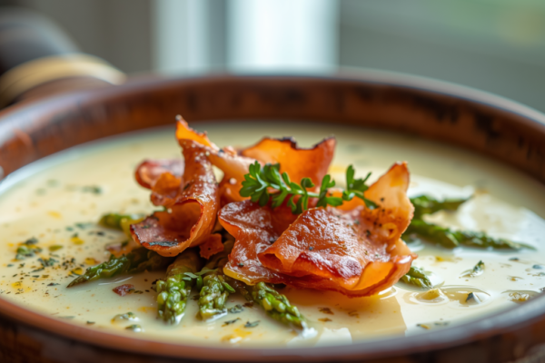 Crema templada de espárragos blancos con crujiente de jamón