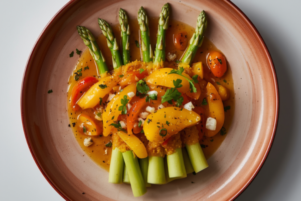 Espárragos blancos con pimientos del piquillo y vinagreta de melocotón
