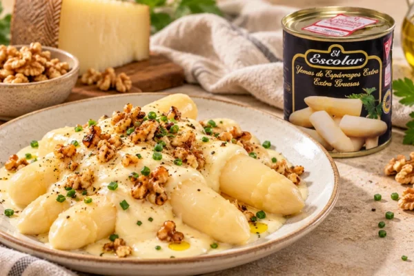 Espárragos cremosos con nueces y queso
