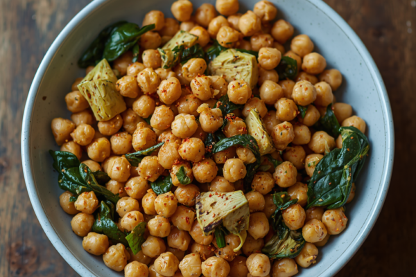 Garbanzos salteados con alcachofas, espinacas y toque de pimentón